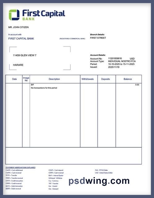 Zambia First Capital Bank Account Statement (Word)